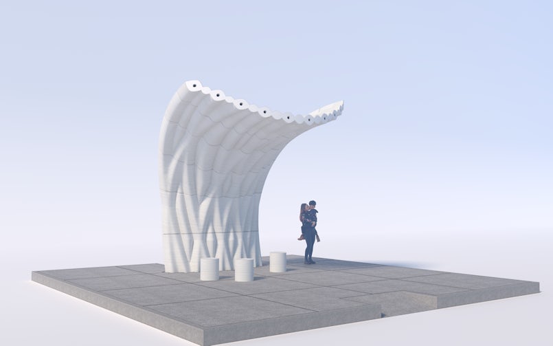 Niet gerealiseerd ontwerp van Studio RAP voor een 3D-betongeprinte watertaxi halte (render: Studio RAP)