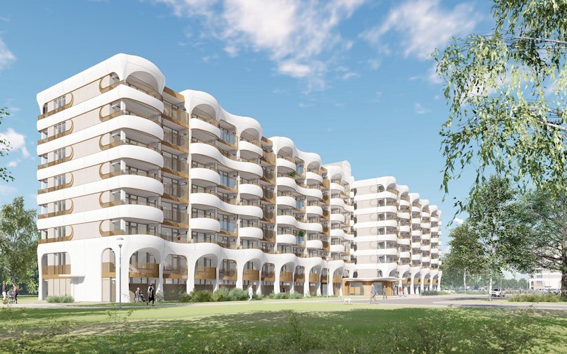 Artist impression van het ontwerp voor de renovatie van de flat aan de Baskeweg, zie volgende beeld voor de bestaande situatie (render: Kokon Architectuur & Stedenbouw)