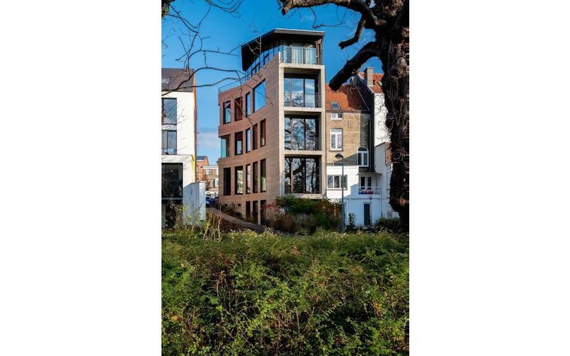 De zijgevel grenst aan een paadje naar het achtergelegen park (foto: Nick Cannaerts)