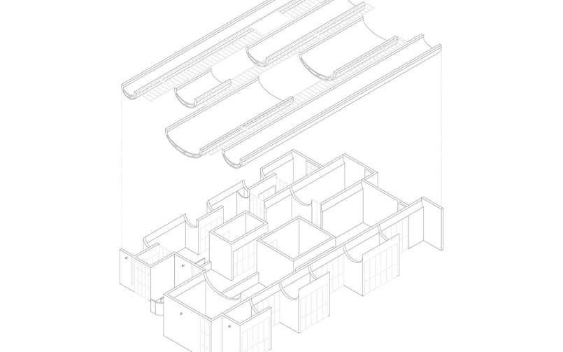 Axonometrie van de opzet van het museum, bestaande uit geschakelde ruimtes (axonometie: MORE Architecture)
