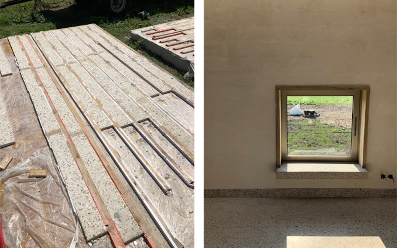 De plinten zijn prefab elementen, ter plekke liggend gestort.