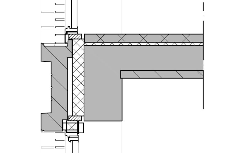 Detail ter hoogte van de witte prefab betonbanden. Hierop is het gootdetail goed te zien (tekening: HILBERINKBOSCH Architecten)