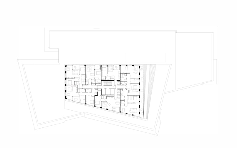 Op de achtste verdieping bevinden zich zes appartementen per bouwlaag, zichtbaar in de opbouw van de toren. (Bron: tekening Powerhouse Company)
