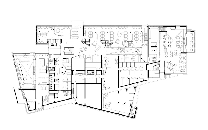 De begane grond bevat publieke ruimtes in de gerenoveerde Bunker, met daarin een geïntegreerde kern van de nieuwe woontoren. (Bron: tekening Powerhouse Company)