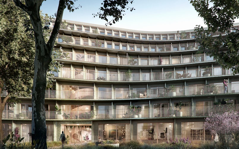 De typische naar binnen gedrukte vorm geeft een expressieve welving in de gevel van Overhoeks (render: Absent Matter, Studioninedots)