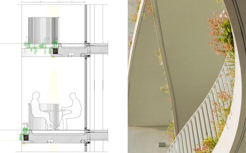In de balkonrand is een geïntegreerde plantenrand opgenomen (tekening: Studioninedots, foto: Peter Cuypers)