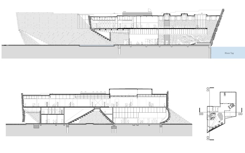 Het gebouw met schuine wanden als een scheepsromp refereert aan de ontstaansgeschiedenis van Dundee, als handelsnederzetting langs de rivier de Tay (doorsnedes: Kengo Kuma & Associates)