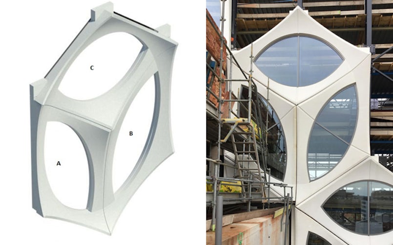 Elke zeshoek bestaat uit twee rechtopstaande, gespiegelde ruiten (delen A en B) en een liggende ruit (deel C) (Beeld: Lievense; Foto: Neutelings Riedijk)