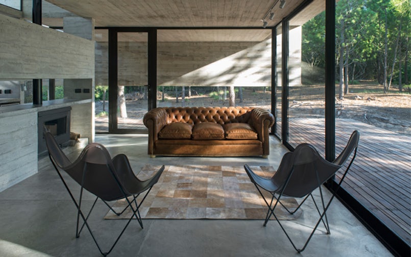 Glas en beton kaderen het uitzicht op het omringende dennenbos in. (foto: Daniela MacAdden i.o.v. Luciano Kruk architecten)