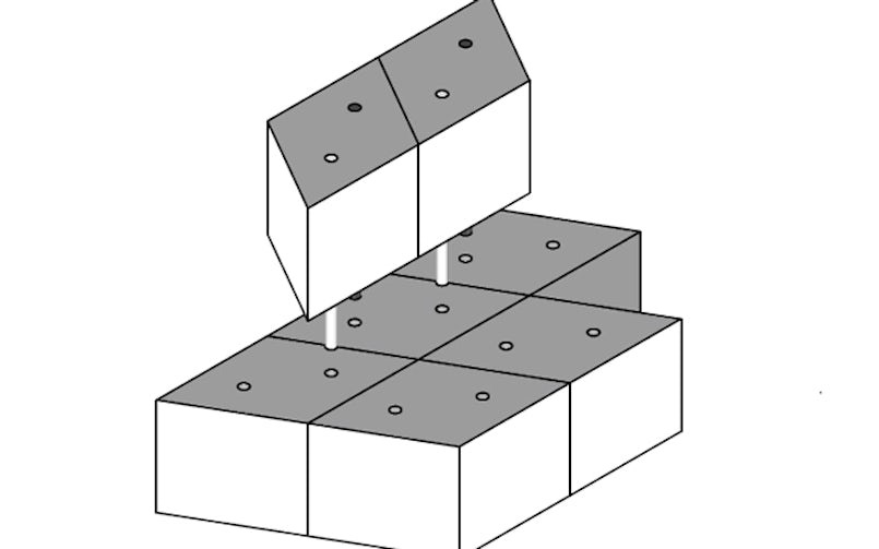 Het concept van een modulair blok dat gestapeld kan worden tot verschillende elementen.