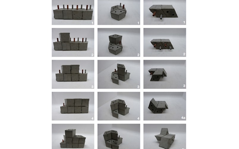 Constructief ontwerp: een blok in de vorm van een ruit, waardoor er met stapelen een verband ontstaat. De gaten liggen boven elkaar, zodat de blokken vastgezet kunnen worden met een staaf.
