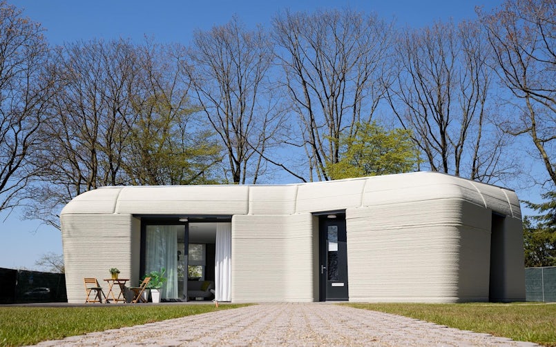 Project Milestone, de eerste 3D-betongeprinte, bewoonde woning in Eindhoven (2021). Architect: Houben / Van Mierlo, productie: TU Eindhoven / Weber Beamix (foto: 3Dprintedhouse)