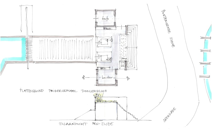 Oorspronkelijke ontwerp met een trap met een groot gebaar (tekening: Architecten- en ingenieursbureau H.W. van der Laan)