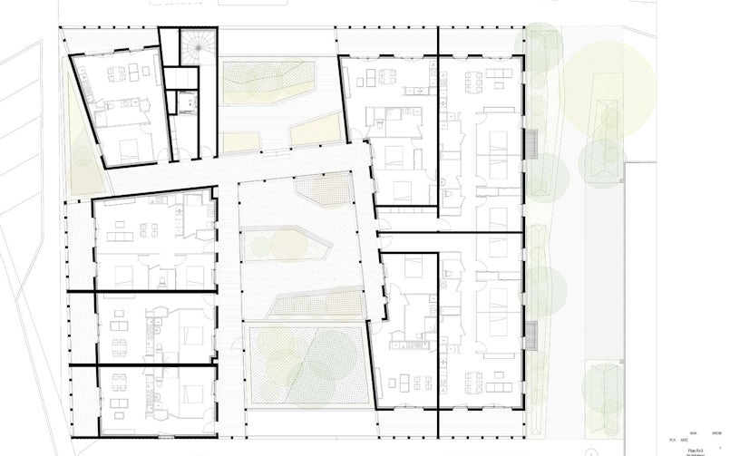 De derde tot vijfde bouwlaag bestaat uit woningen, dit is de derde verdieping met de daktuin en kolommen voor de luchtbrug erboven (tekening: W Architectures)