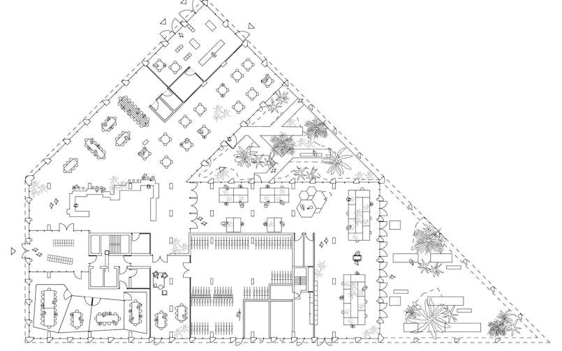 Plattegrond begane grond waar de diverse functies van openbaar naar meer privé een plek hebben (tekening: Studioninedots)