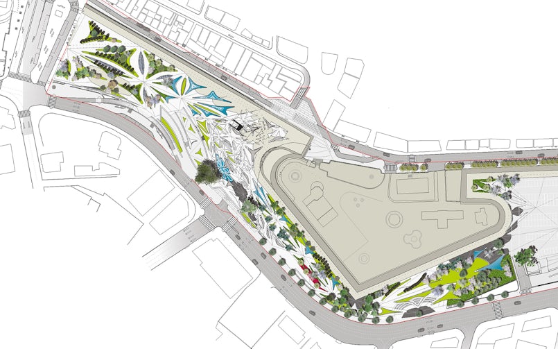 Overzicht van het diepliggende park in de oude gracht en het plein op straatniveau (tekening: Zaha Hadid Architects)