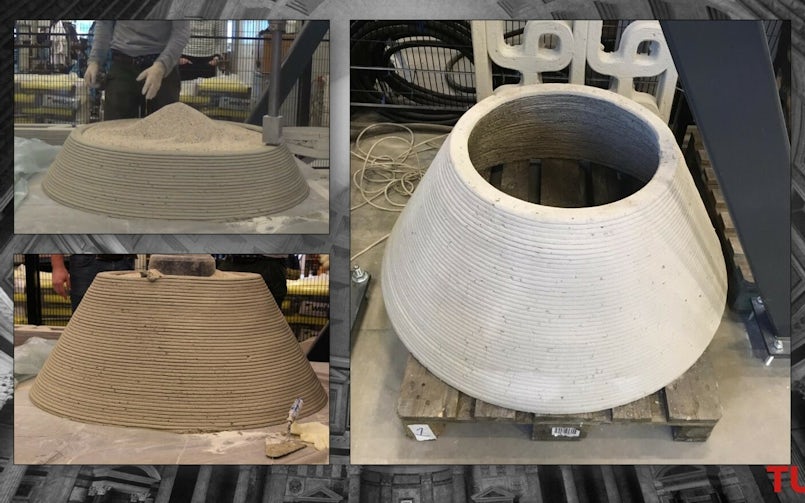 Om de helling te ondersteunen is de vorm gevuld met korrels. Dit zijn de pijlers van de 3D-betongeprinte brug in Nijmegen (foto: TU Eindhoven)