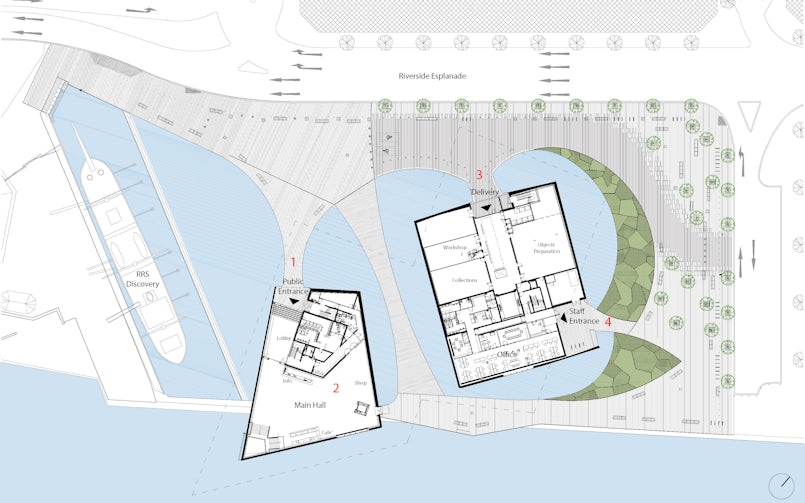 Het gebouw bestaat uit twee bouwdelen die naar boven toe verbreden en op de bovenste verdieping met elkaar versmelten (situatietekening: Kengo Kuma & Associates)