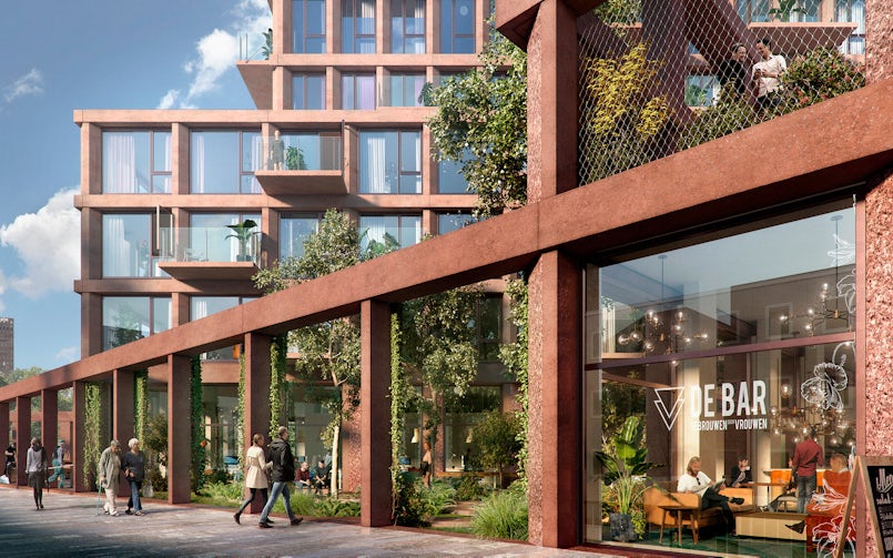 Het woningcomplex Highnote in Almere is toegespitst op jongerenhuisvesting en heeft alle elementen in zich, van de vrije expressie van beton in verschillende afwerkingen tot het creëren van de WeSpace (render: Absent Matter)