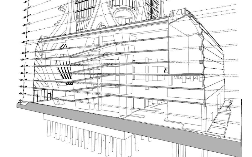 Doorsnede Podiumsectie, de fundering moest tot 52 m diep worden geboord vanwege de hoge windbelasting in het orkaanseizoen (bron Zaha Hadid Architects)