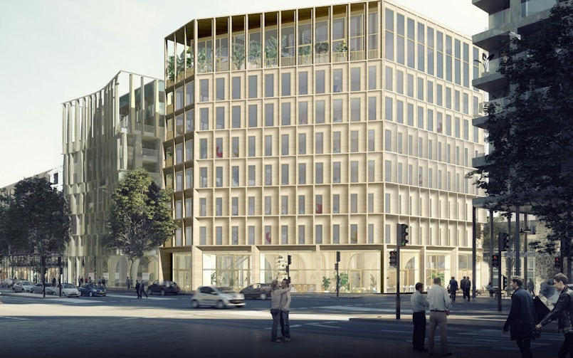 Facette in Bordeaux heeft een multifunctionele ruimte op de begane grond en het dak. Ertussen bevinden zich woningen met betonnen geveldelen die met een afgeronde hoek naar binnen bewegen (render: A2Studio)