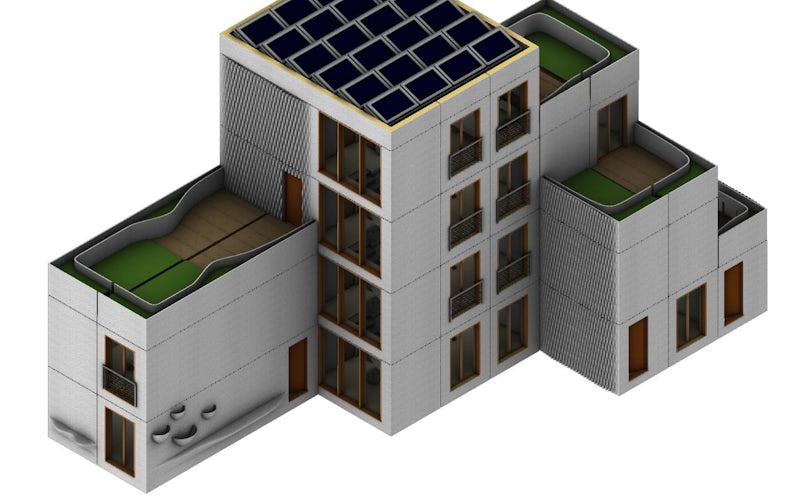 Een flexibele manier van stapelen is mogelijk met 3D-betongeprinte modules, de vorm en maten kunnen makkelijk variëren (render: CyBe)