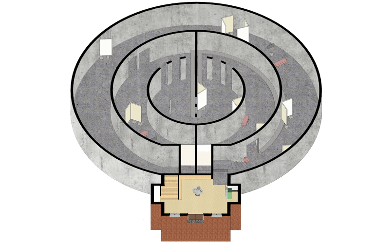Plattegrond ondergronds kunstcentrum RADIUS met opstelling panelen en objecten (render: Zoetmulder)